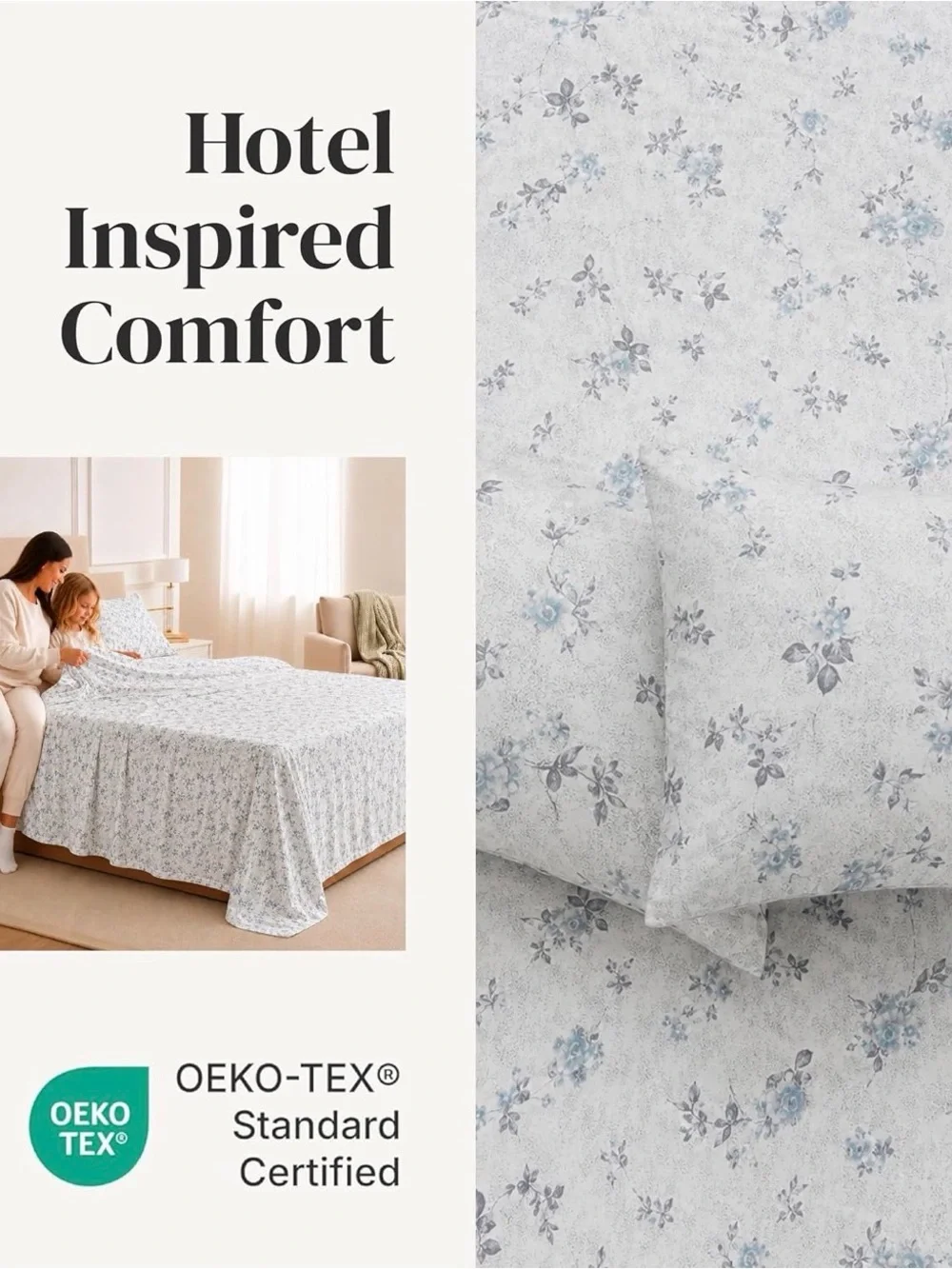 Floral Microfiber Sheet Set in Light Blue and Gray - Soft Printed Bedding